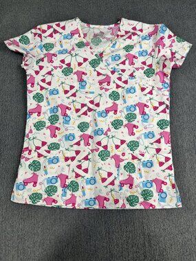 I Love Scrubs White V-Neck Scrub Top Pink Roller Skates & Cameras Pattern XS